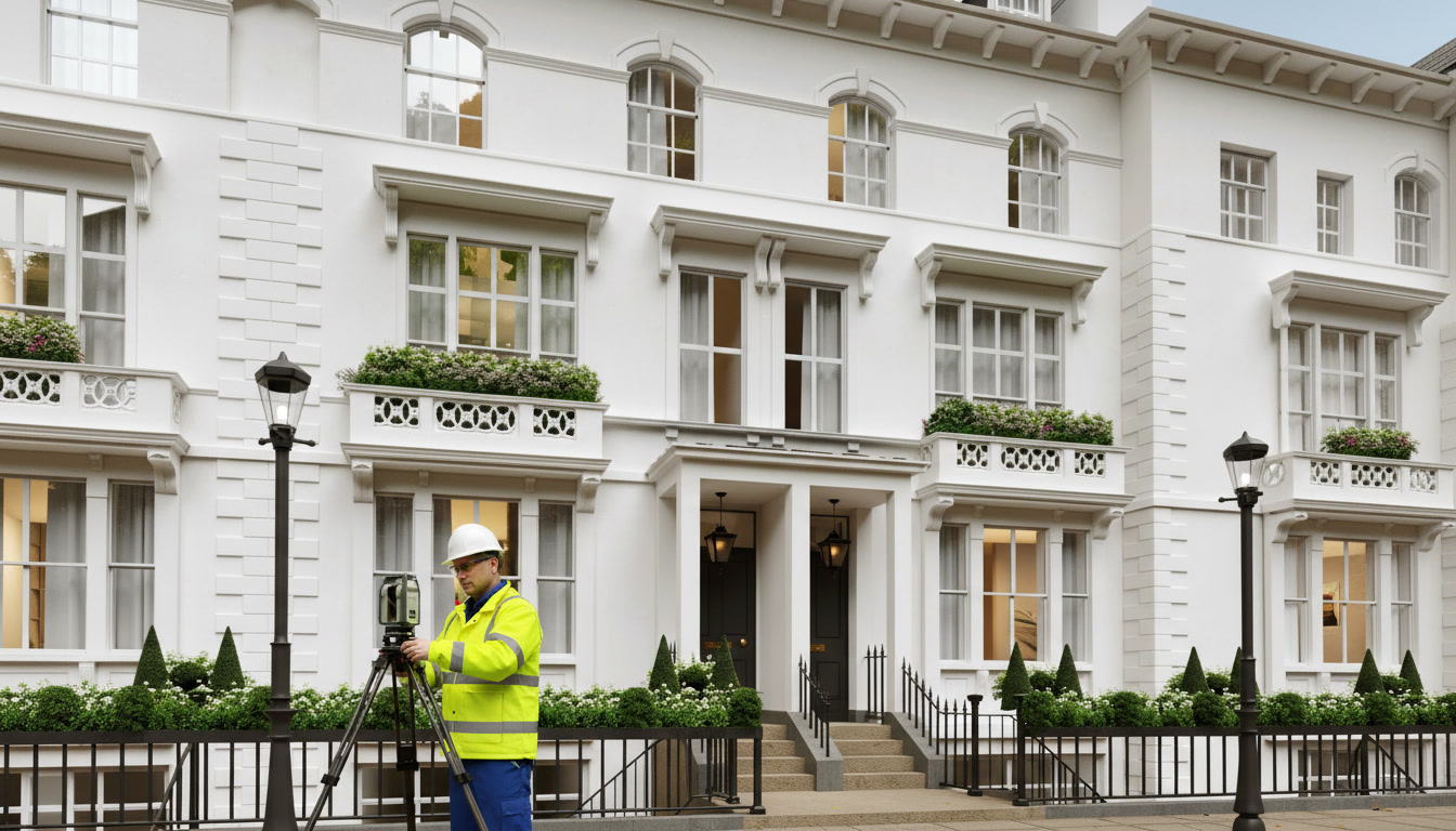 Surveyor with total station outside Georgian property