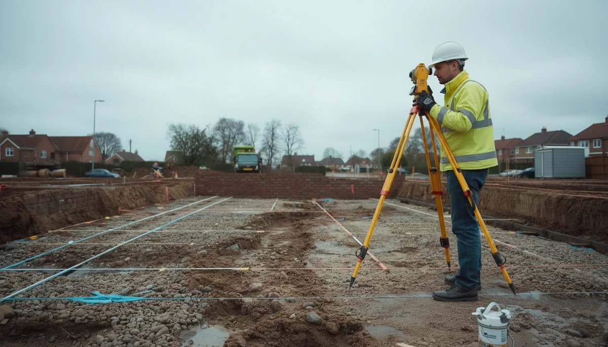 Surveyor with total station at construction site
